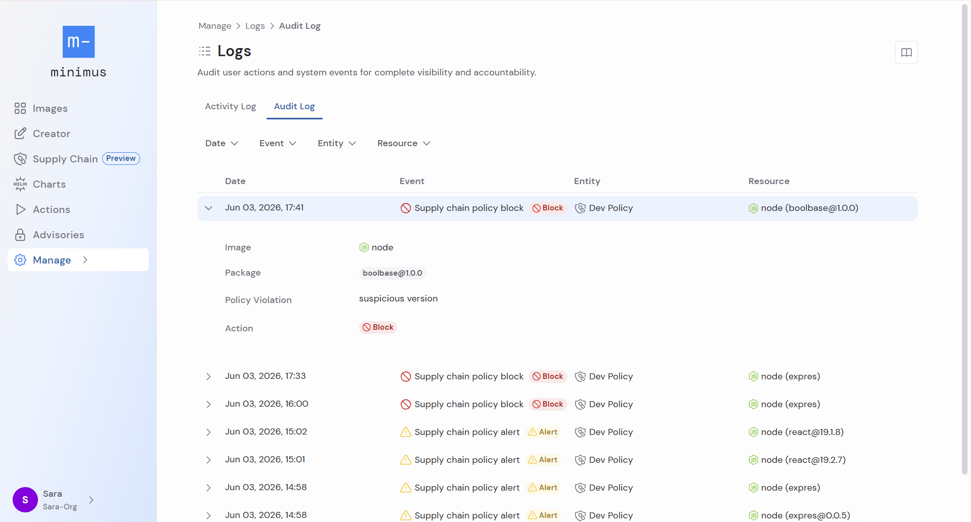 Supply Chain Policy Audit Logs