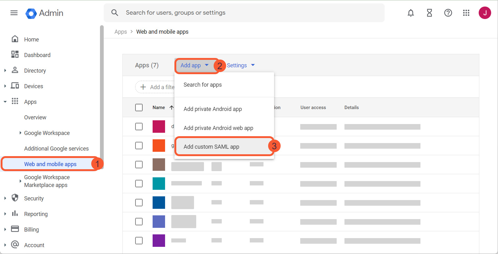 Add custom SAML app in Google