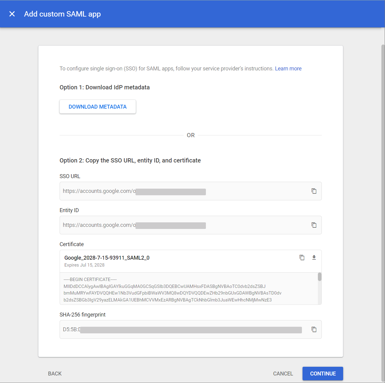 Add entity ID and SSO URL in Google