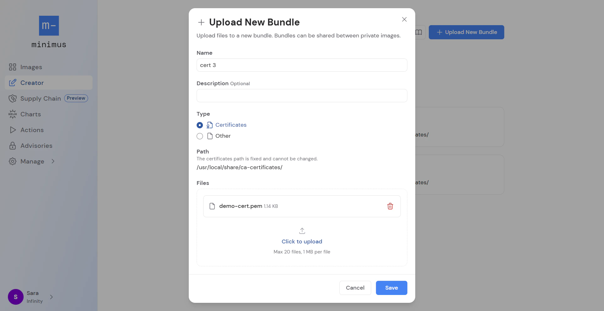 Upload certificate
