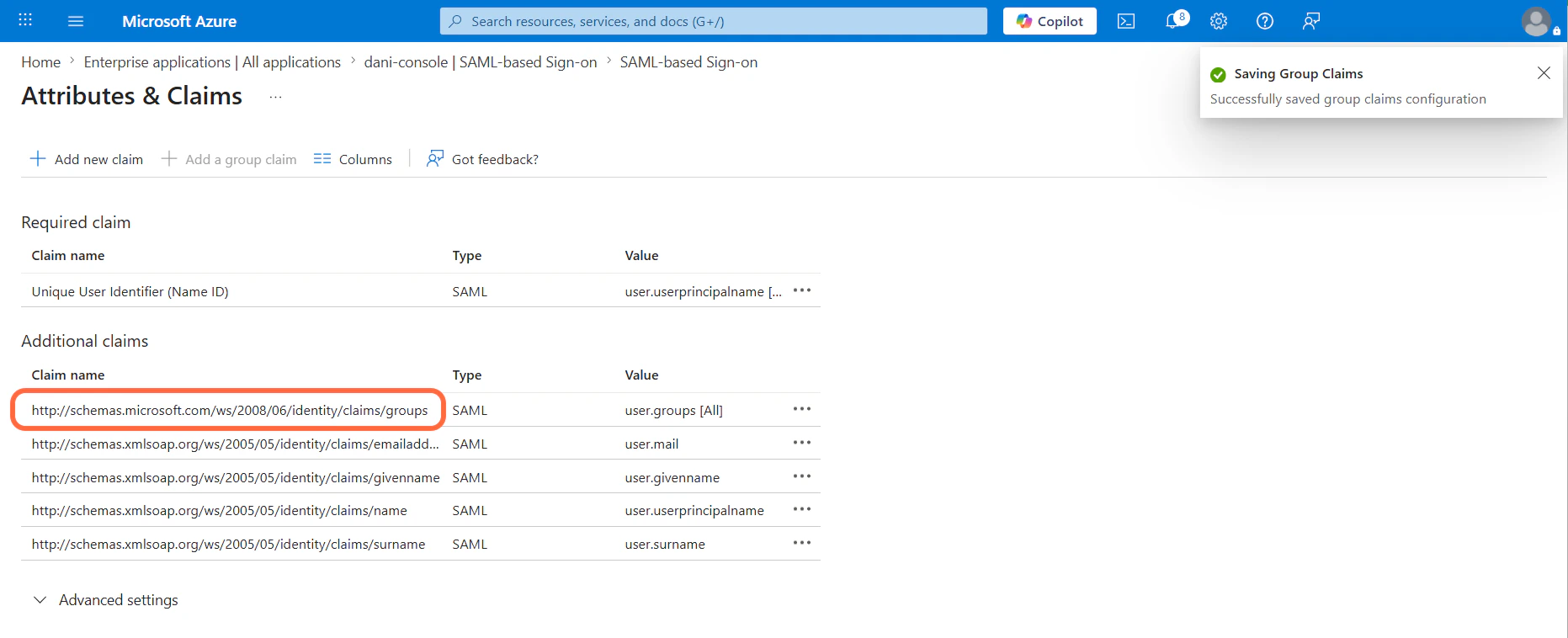 Azure Group Claim Name
