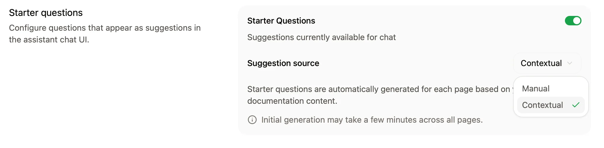 The search suggestions panel in the dashboard with contextual starter questions enabled.