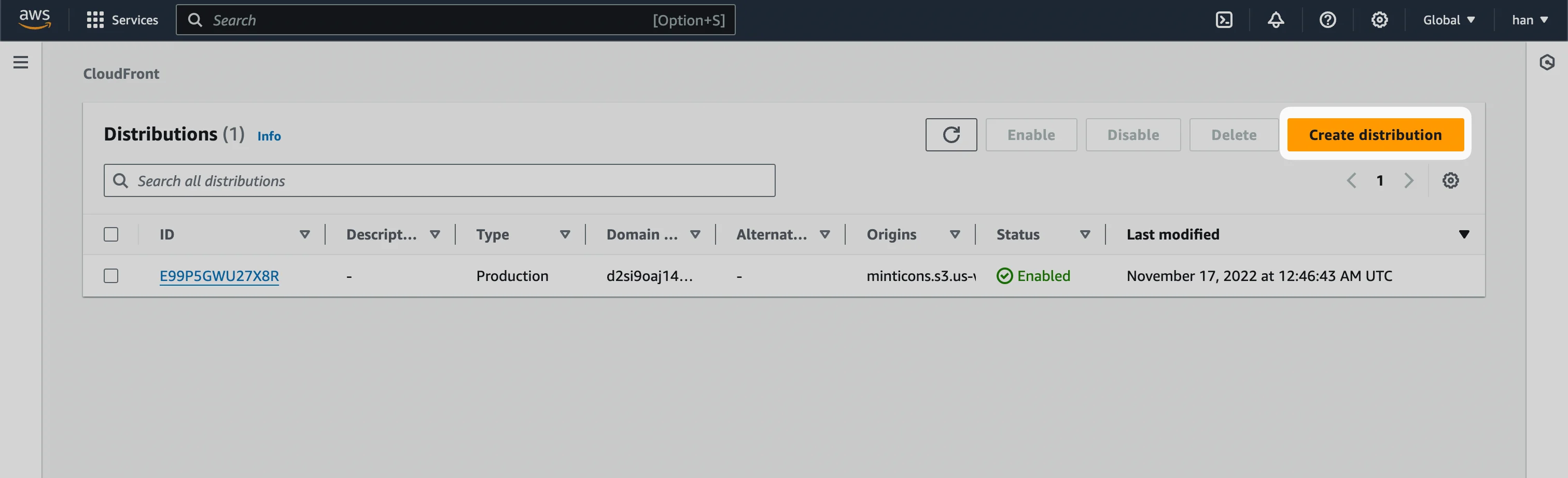 CloudFront Distributions 页面,高亮显示 “Create distribution” 按钮。