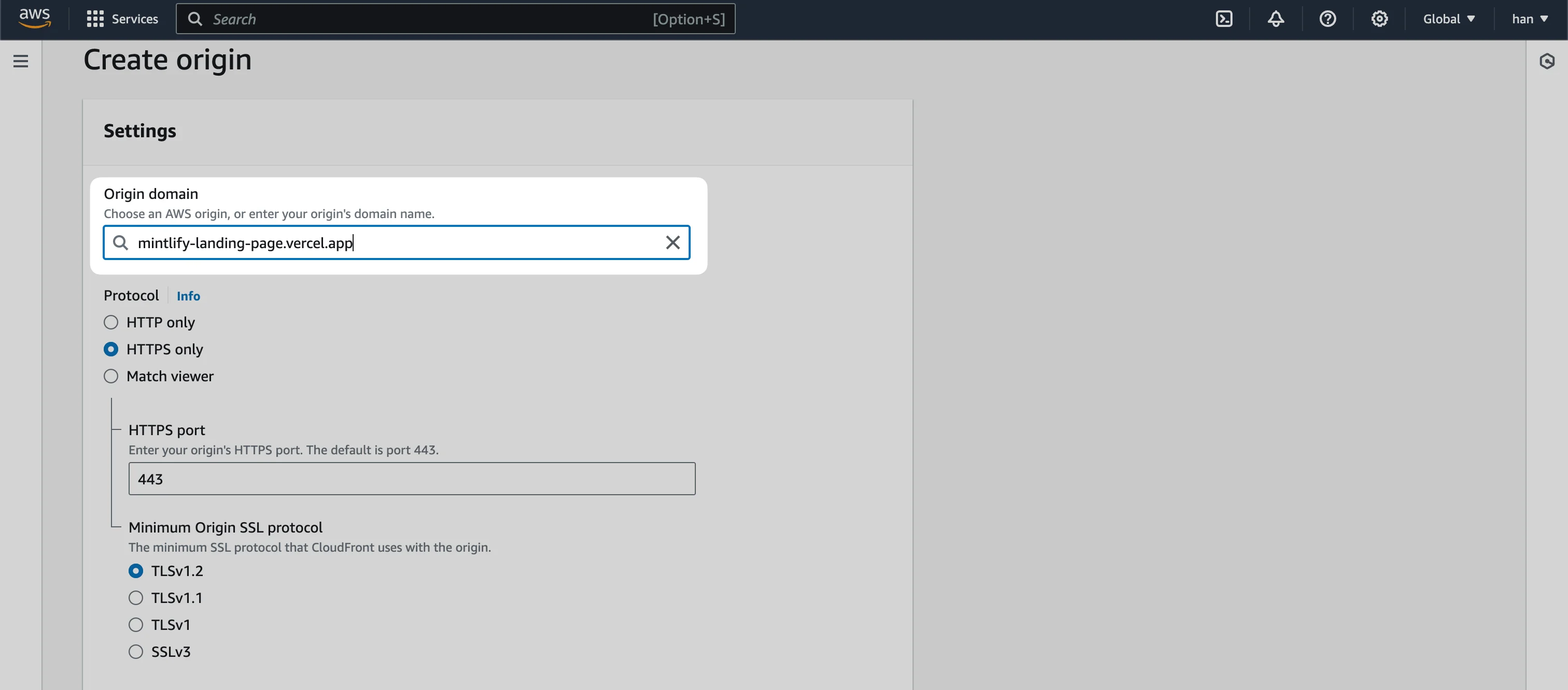 CloudFront 的 “Create origin” 页面,高亮显示 “Origin domain” 输入框。