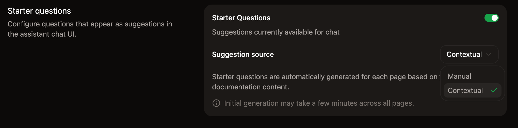 The search suggestions panel in the dashboard with contextual starter questions enabled.