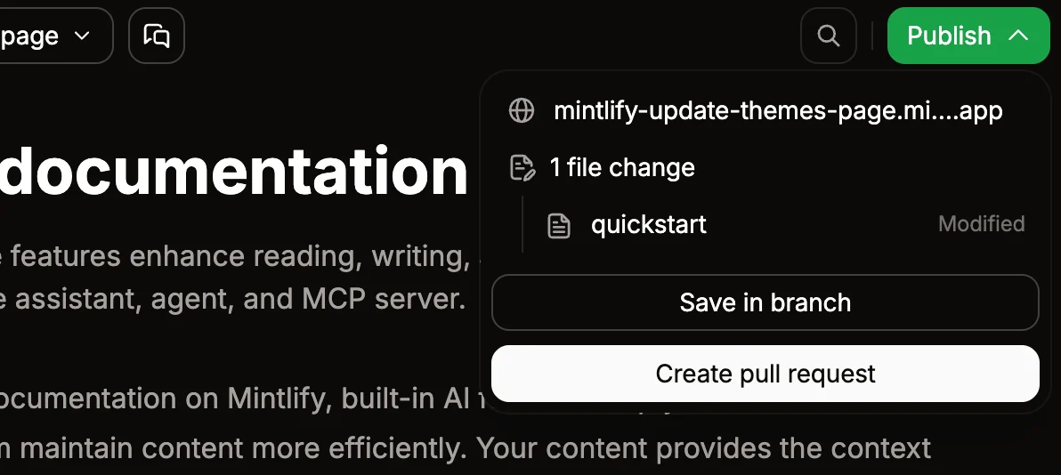 The publish menu opened in the editor toolbar.