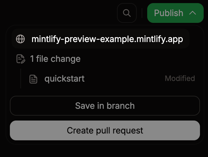 Preview URL emphasized in the publish menu.