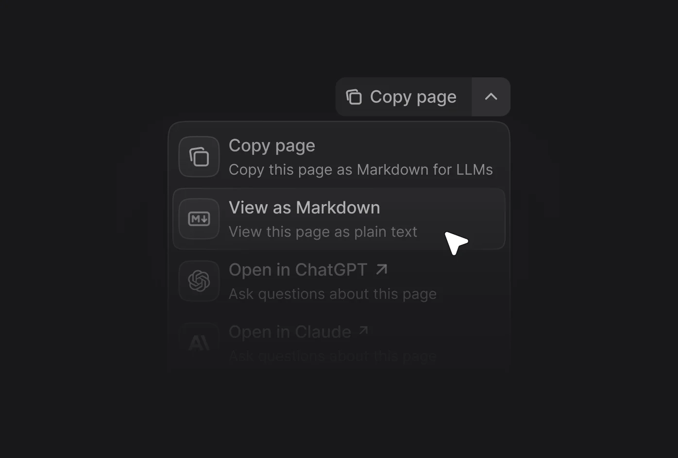 The expanded contextual menu showing the Copy page, View as Markdown, Open in ChatGPT, and Open in Claude menu items.