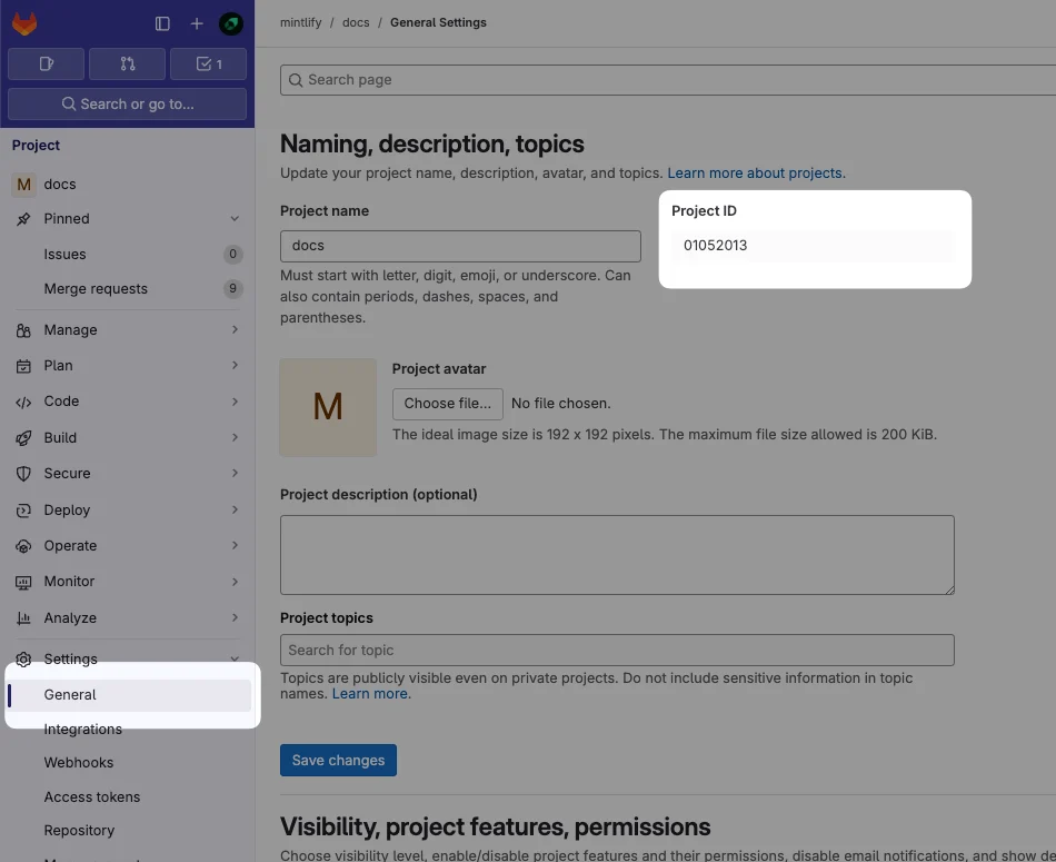 The General Settings page in the GitLab dashboard. The Project ID is highlighted.