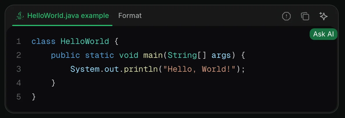 The Ask Assistant button in a code block in dark mode.