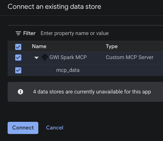 Connect existing data store picker