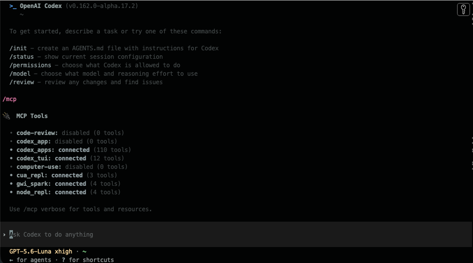 GWI Spark connected in Codex