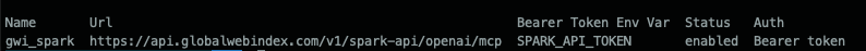 The v1 GWI Spark MCP server in the Codex server list