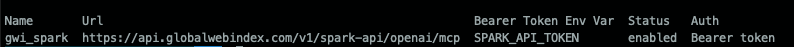 The v1 GWI Spark MCP server in the Codex server list