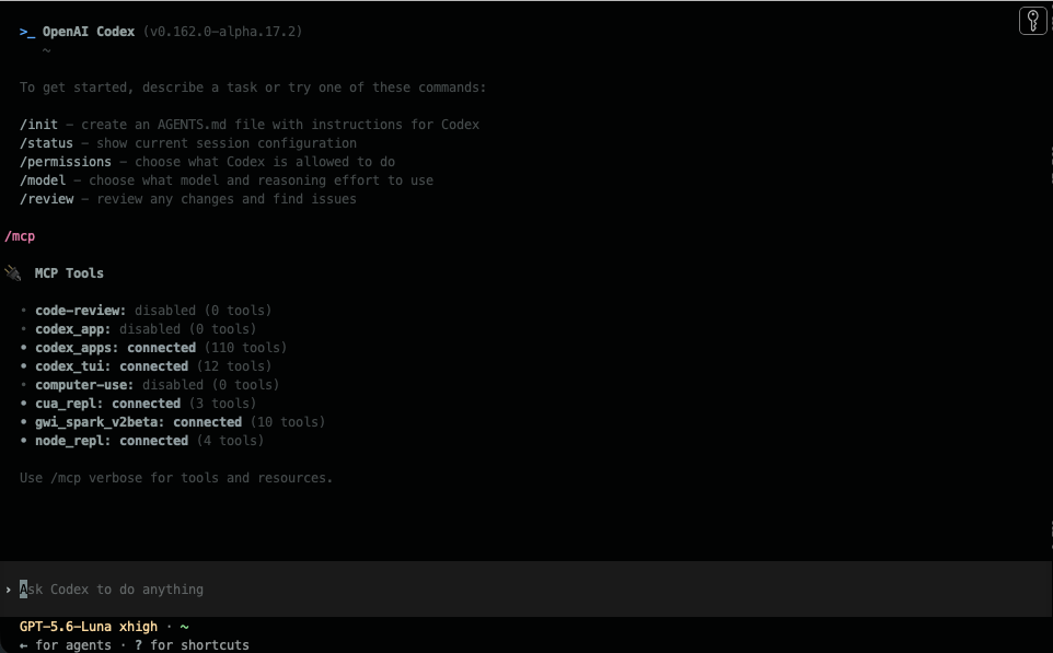 GWI Spark v2beta connected in Codex