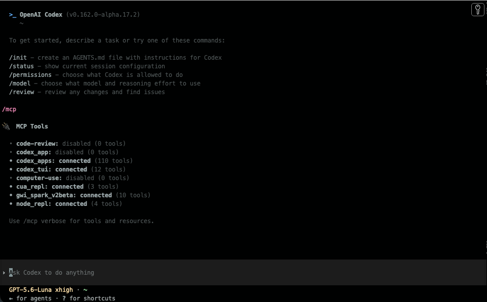 GWI Spark v2beta connected in Codex