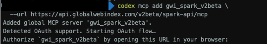 Add the v2beta GWI Spark MCP server and start OAuth in Codex