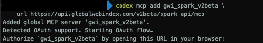Add the v2beta GWI Spark MCP server and start OAuth in Codex