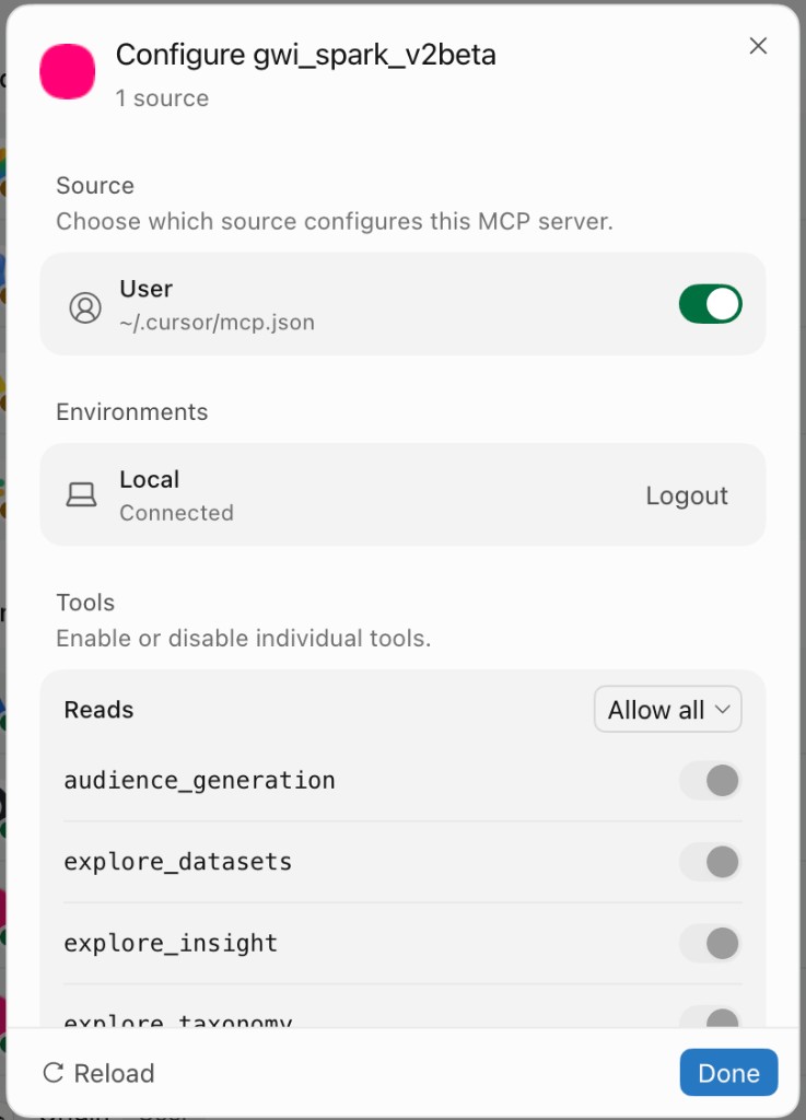 GWI Spark v2beta tools in Cursor