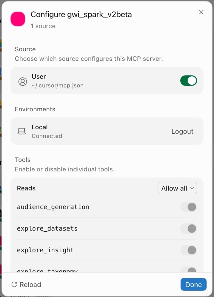 GWI Spark v2beta tools in Cursor