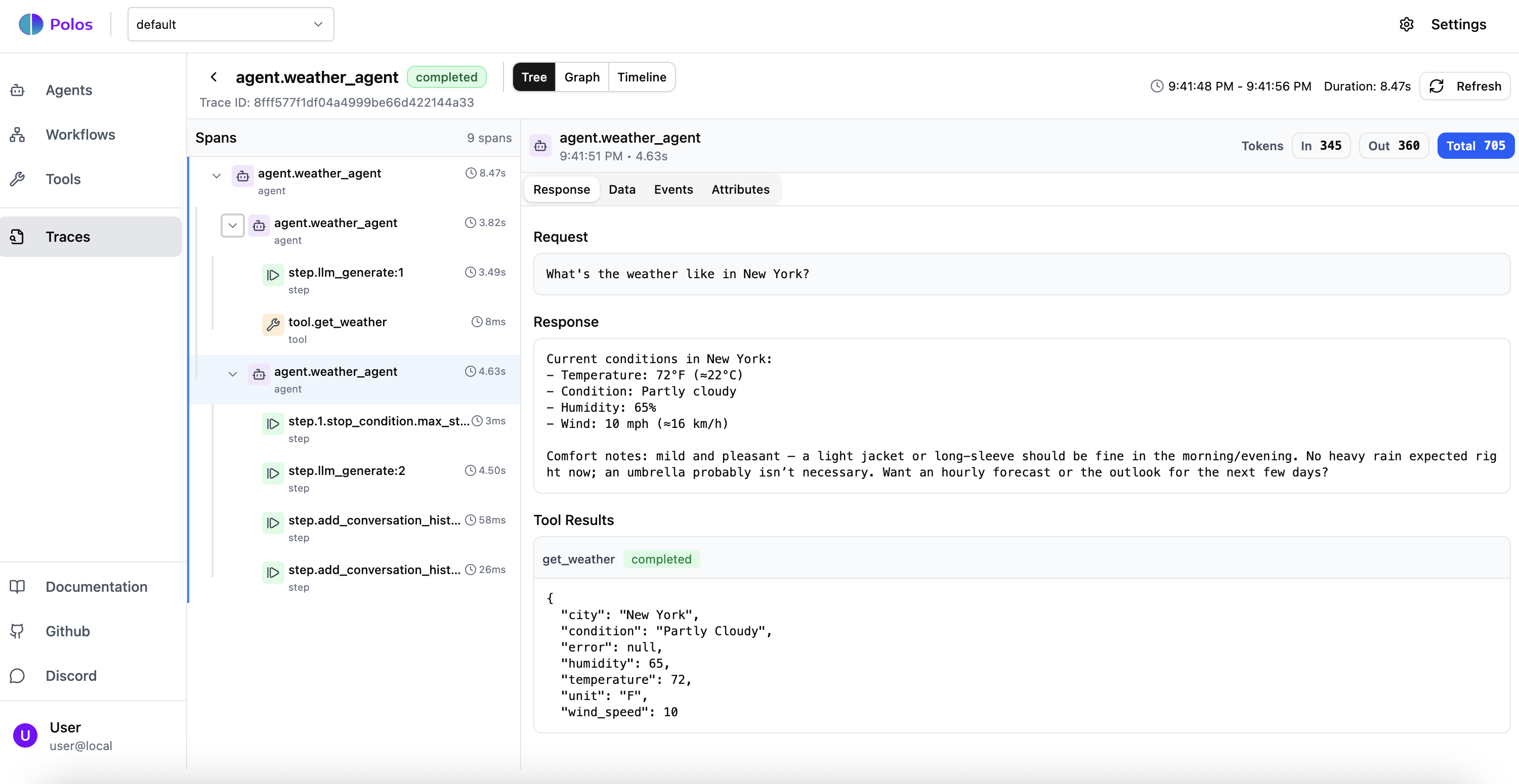 Polos dashboard showing agent execution trace