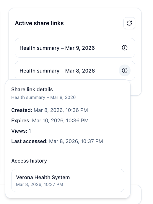 Share link details including metadata and access history