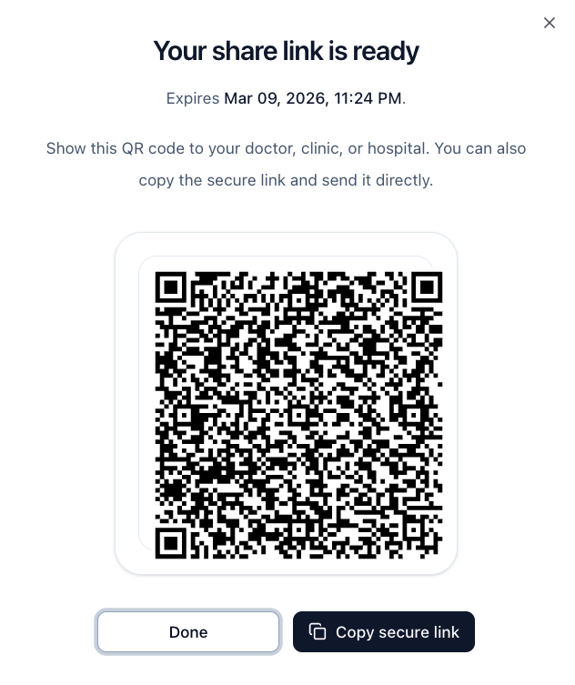 Generated share link modal with QR code and copy secure link button