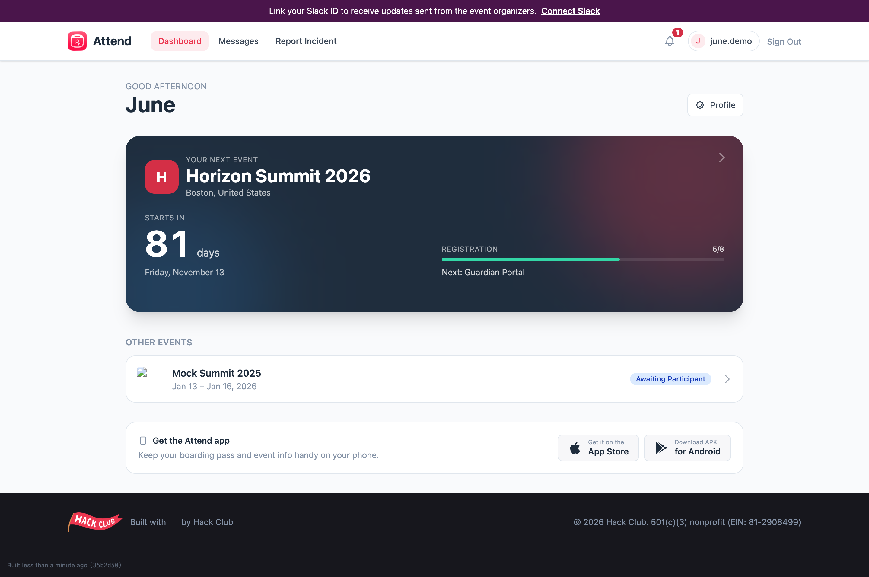 The dashboard with an in-progress registration