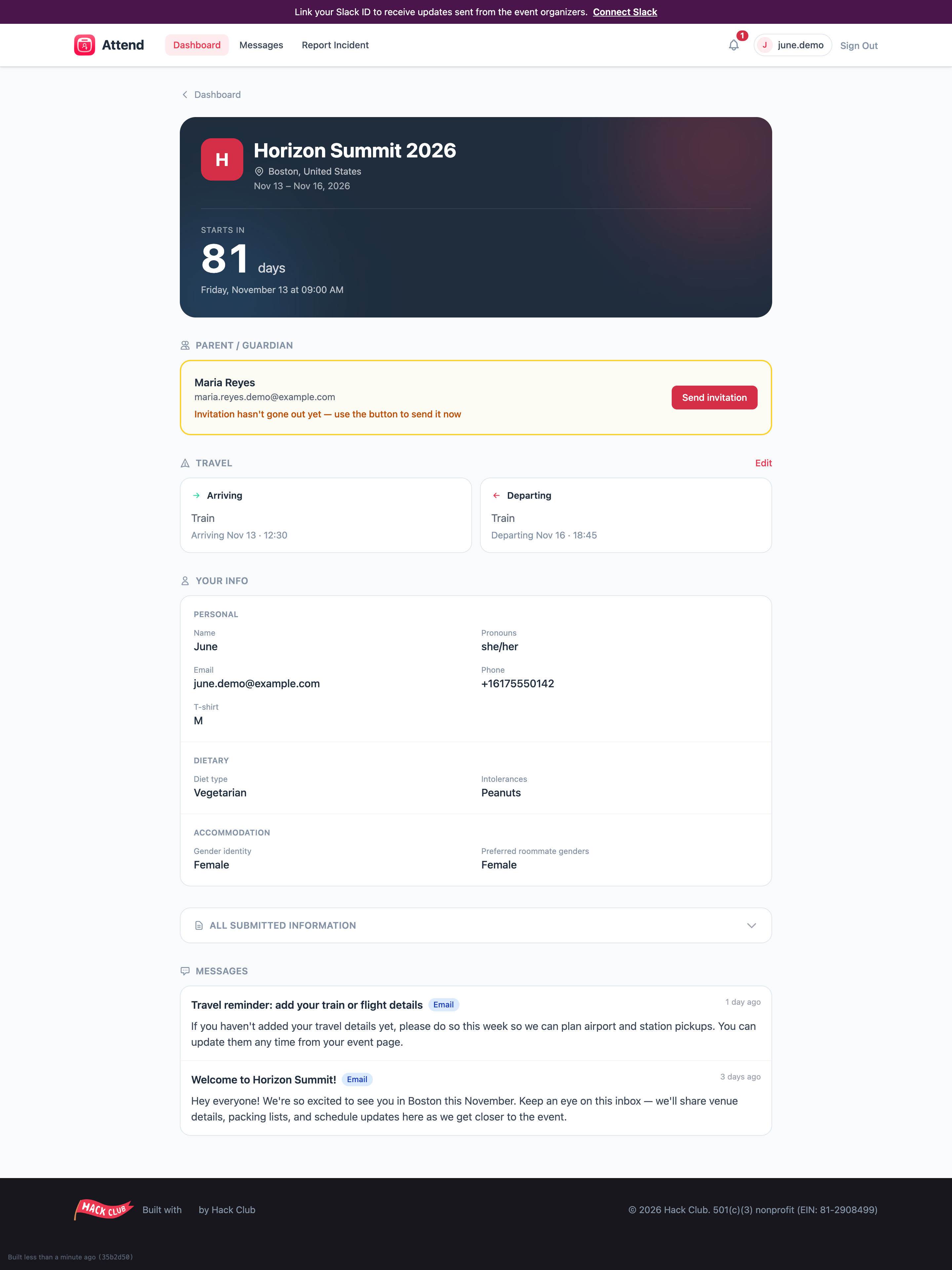 The event page showing the parent/guardian card with a send invitation button