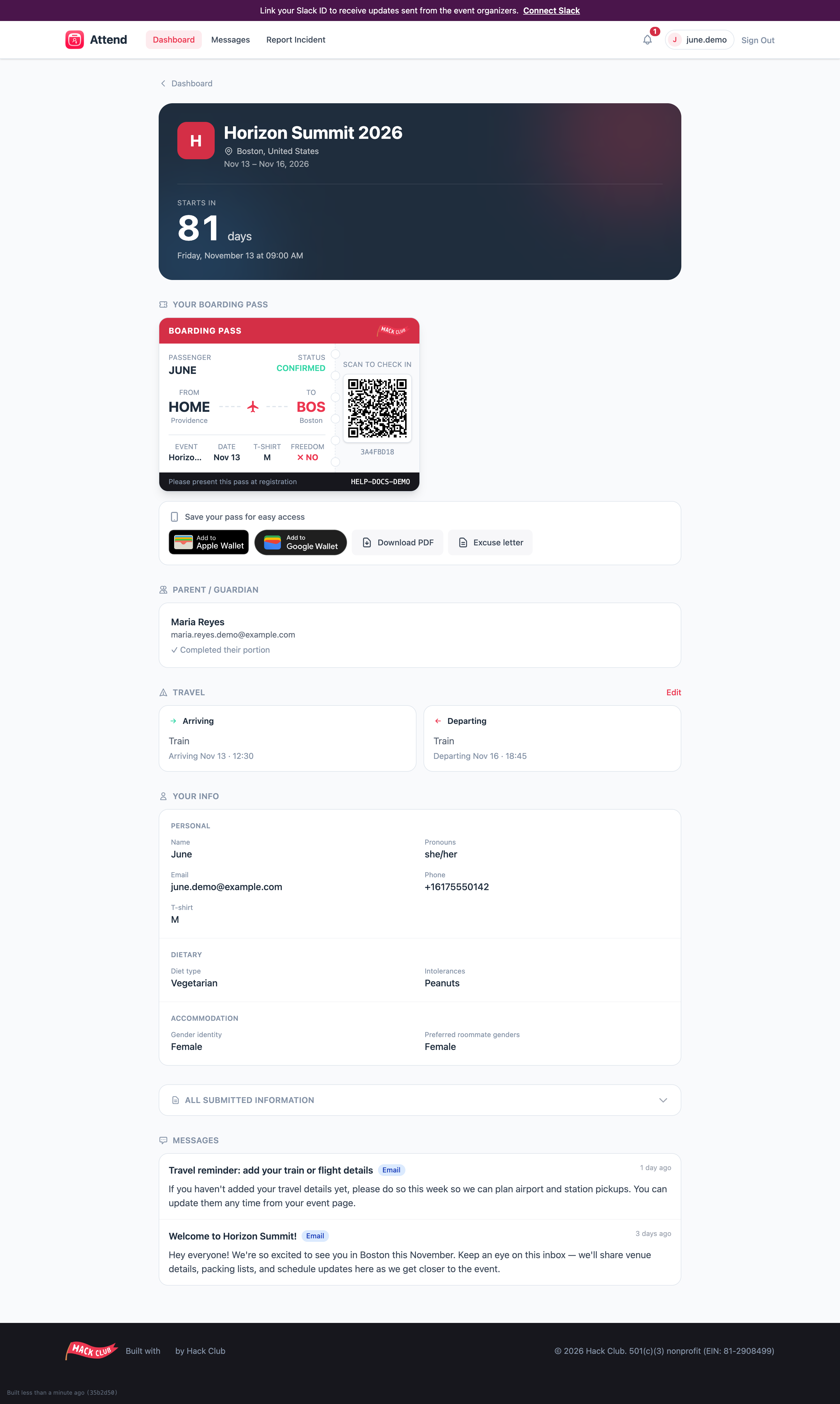 The event page for a completed registration