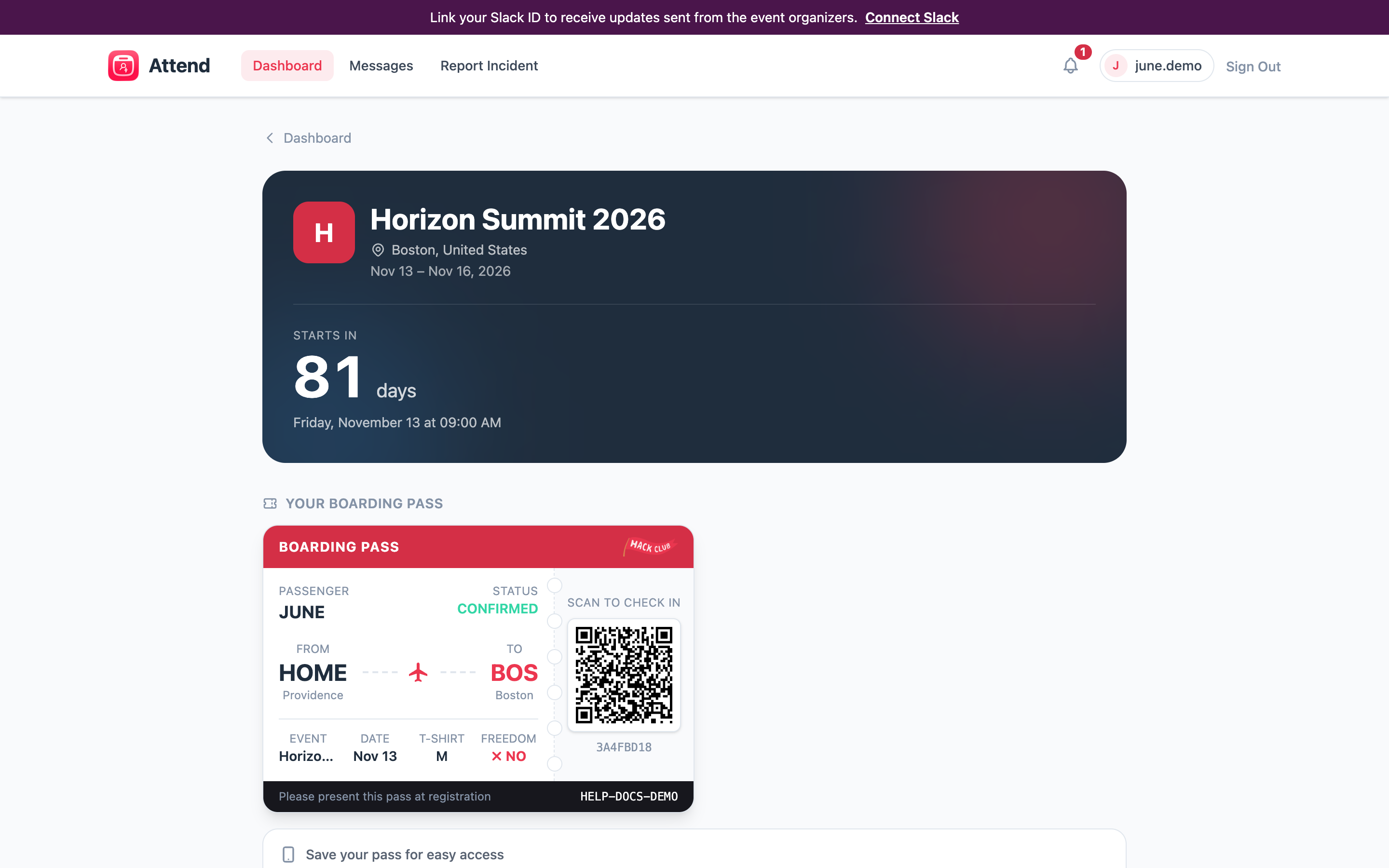 The boarding pass with QR code and wallet buttons on the event page