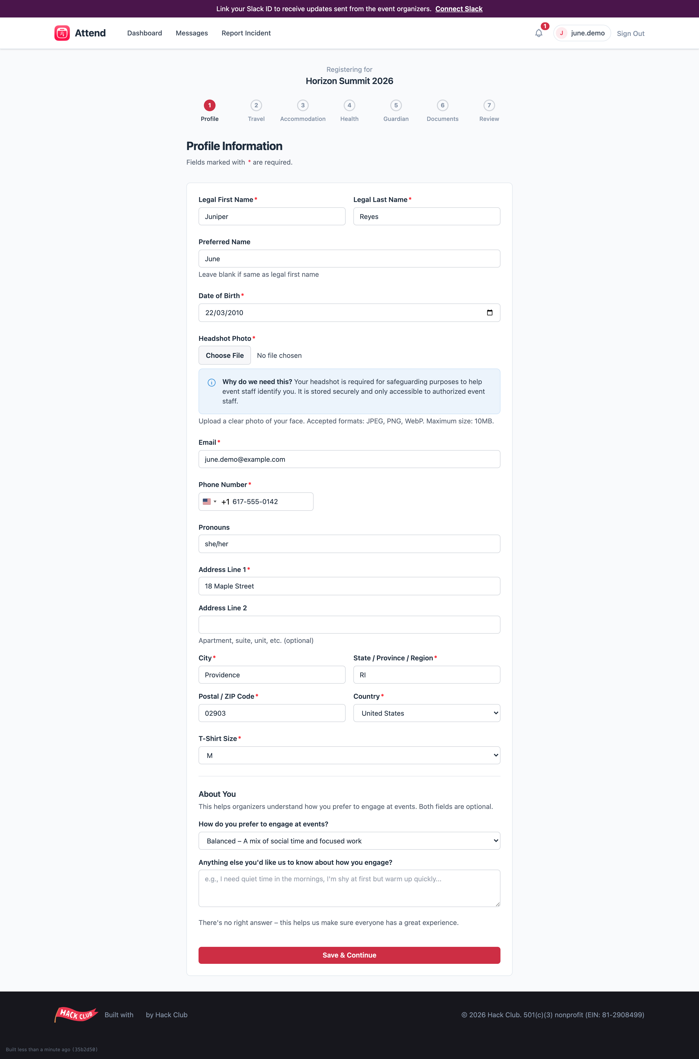 The Profile step of the onboarding wizard