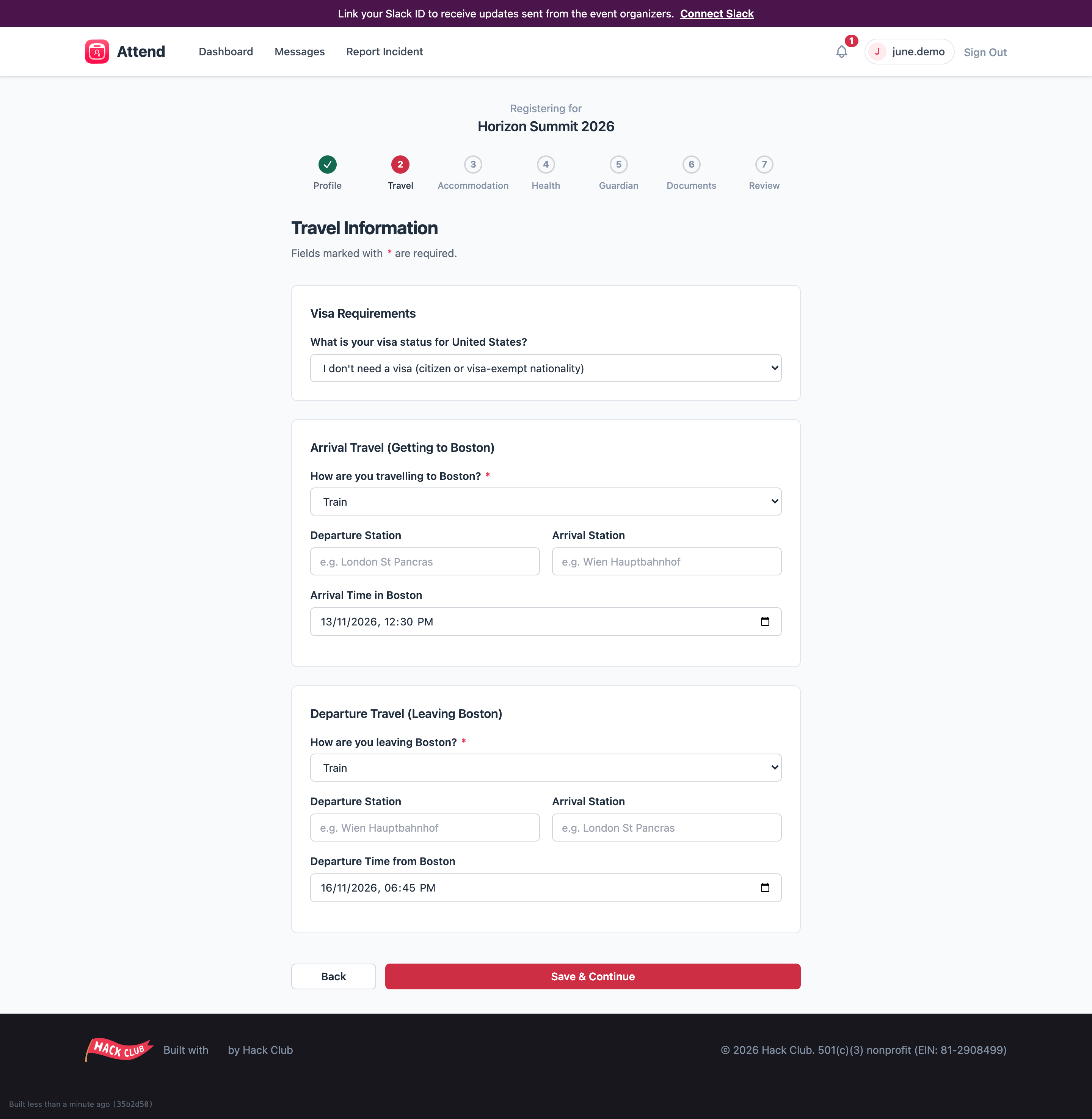 The Travel step of the onboarding wizard