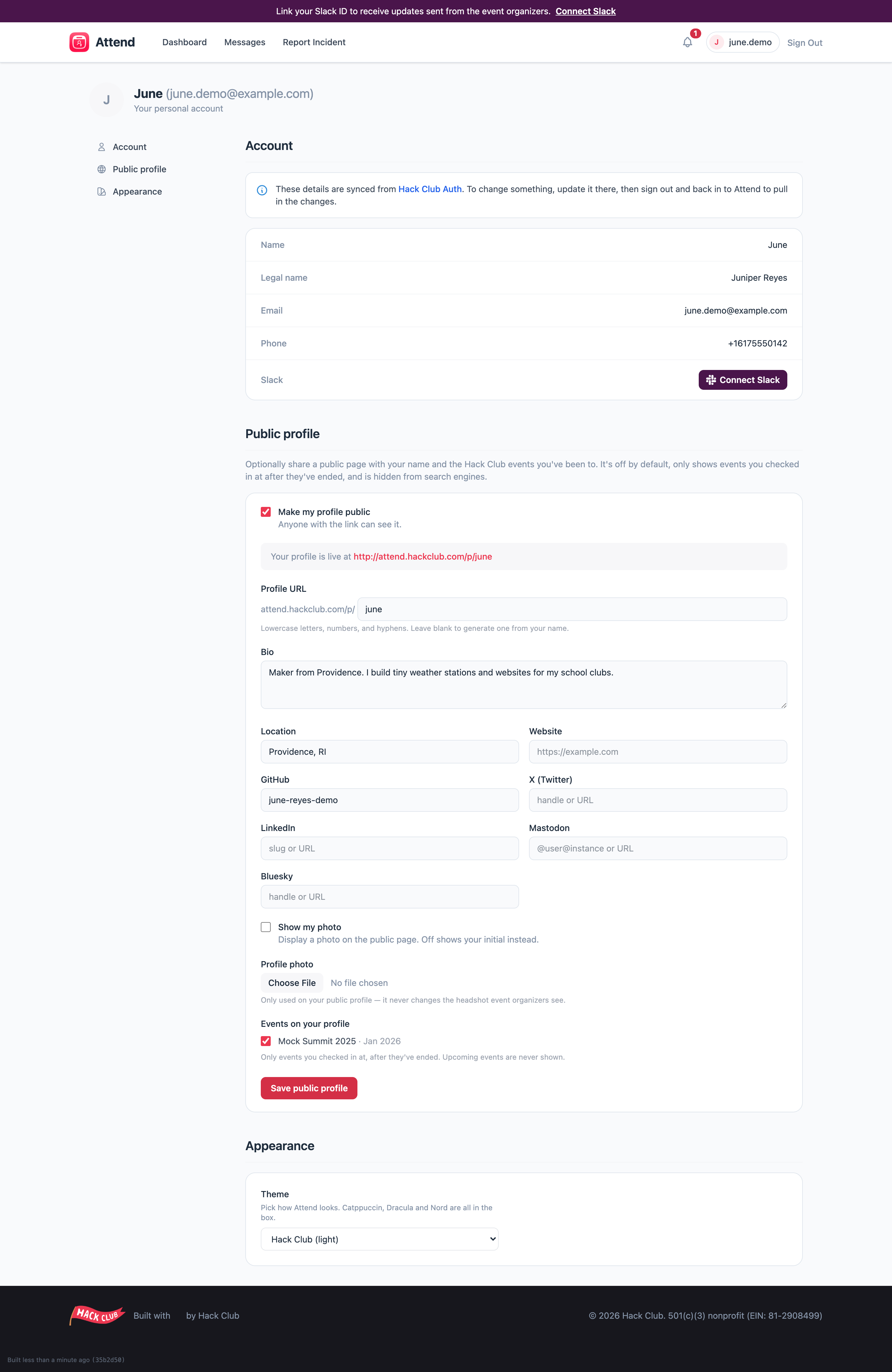 The account settings page
