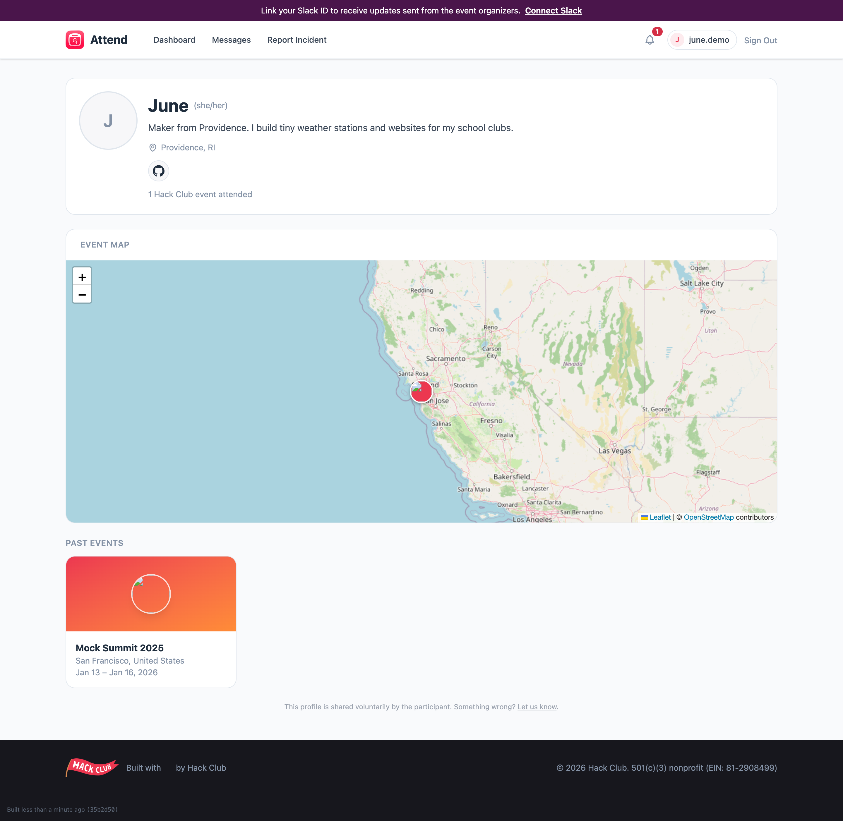 A public profile page with an event map