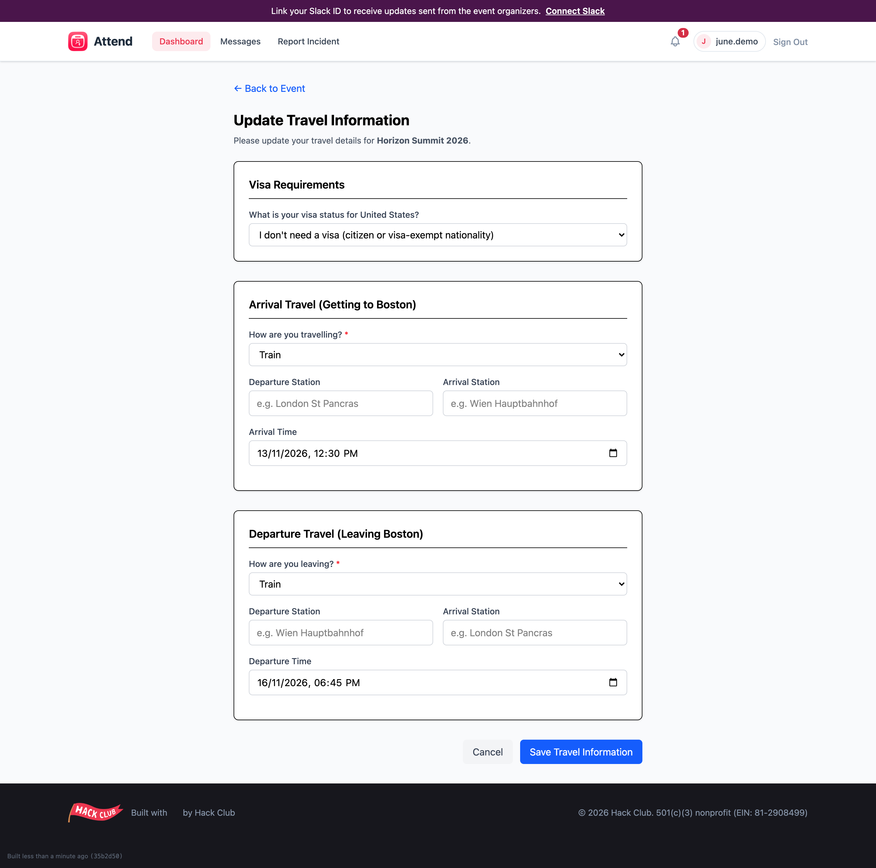 Editing travel details from your event page