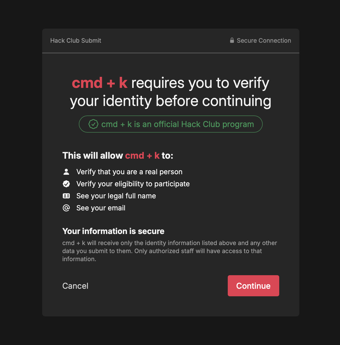 cmd + k requires you to verify your identity before continuing