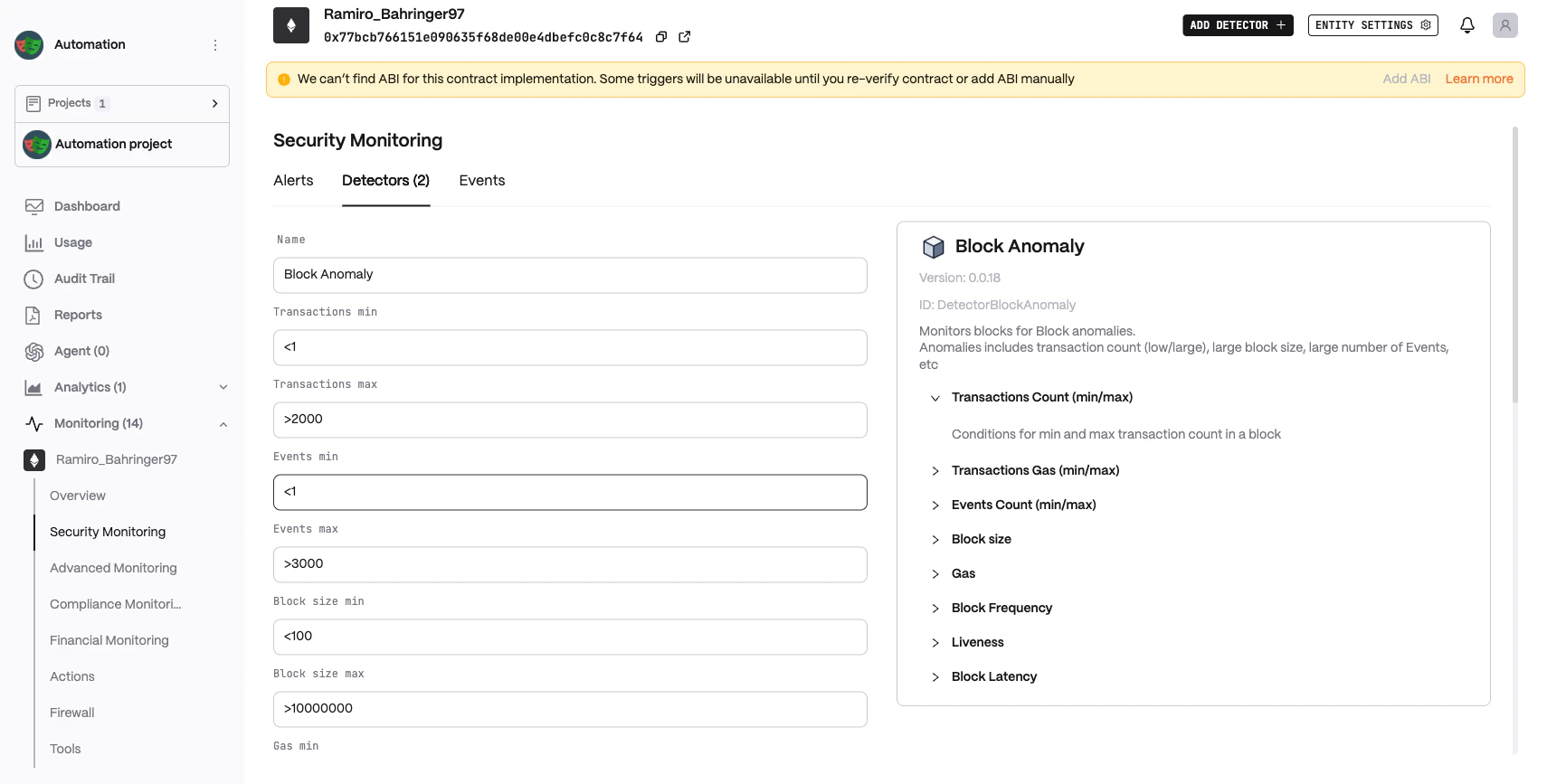 DetectorBlockAnomaly Configuration