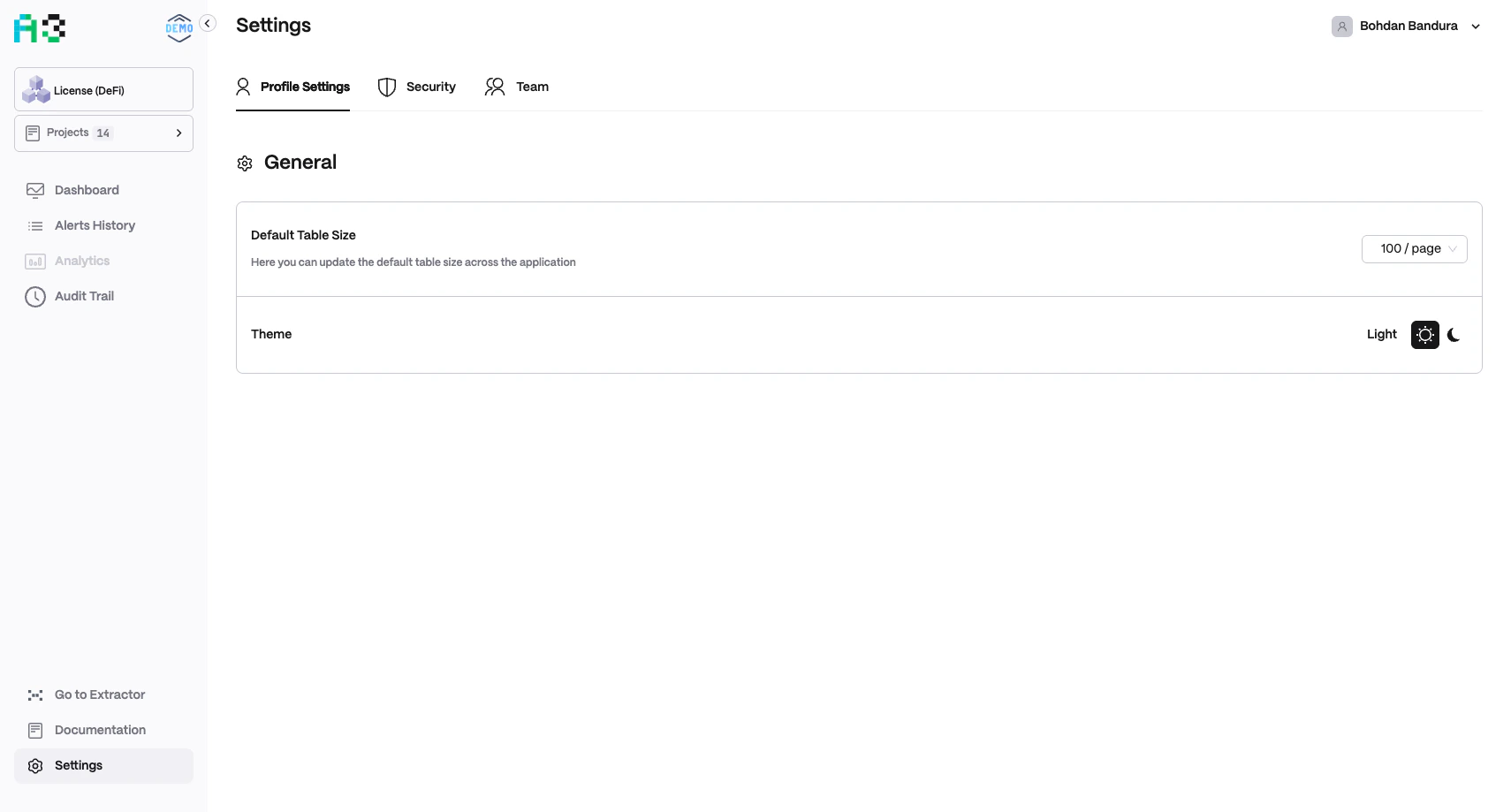 Settings page showing Profile Settings tab with Default Table Size and Theme options