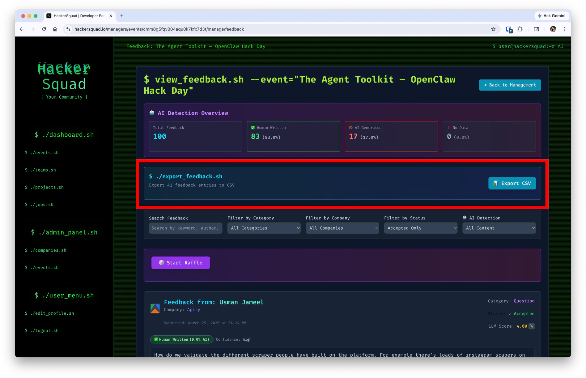 Export feedback