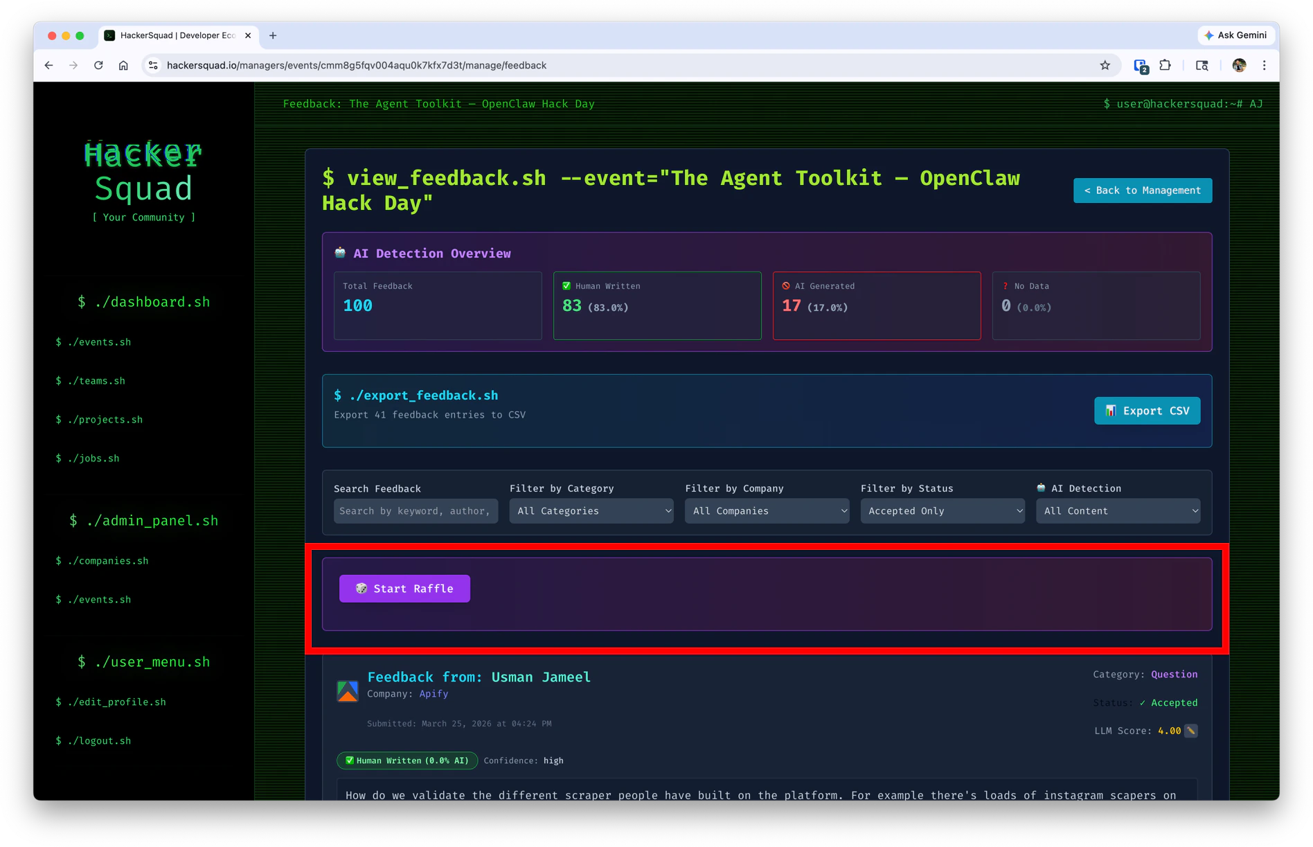 Export feedback