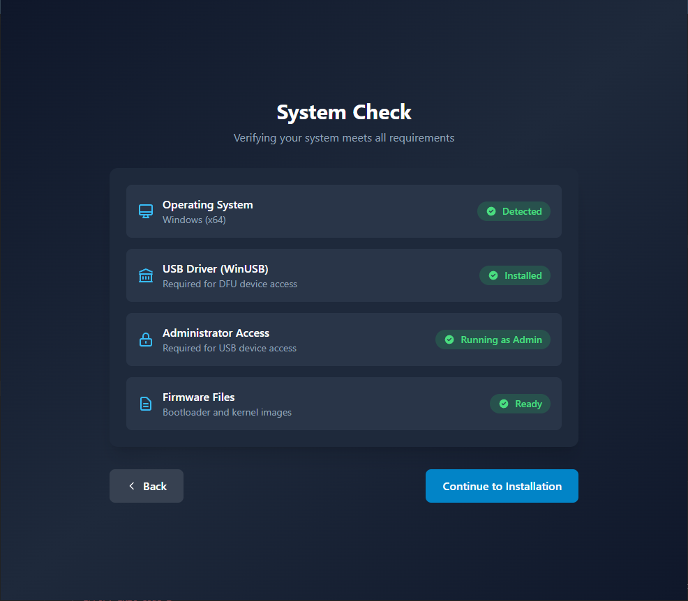 System Check — installer verifying prerequisites