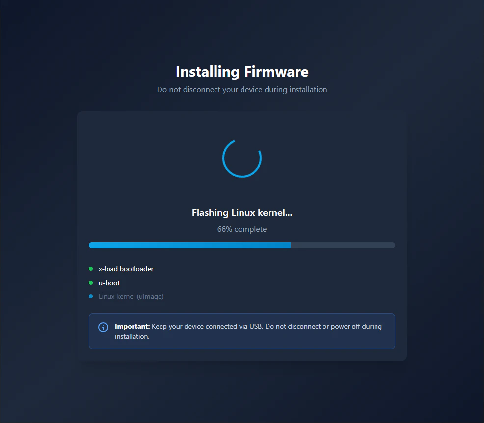 Firmware installing — installer progress screen