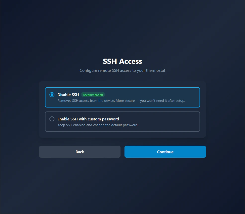 SSH Access configuration screen