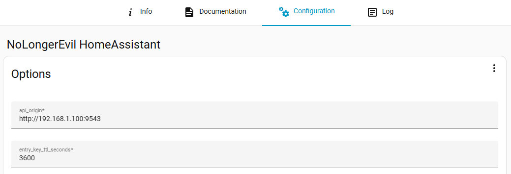 Home Assistant add-on Configuration tab showing api_origin field