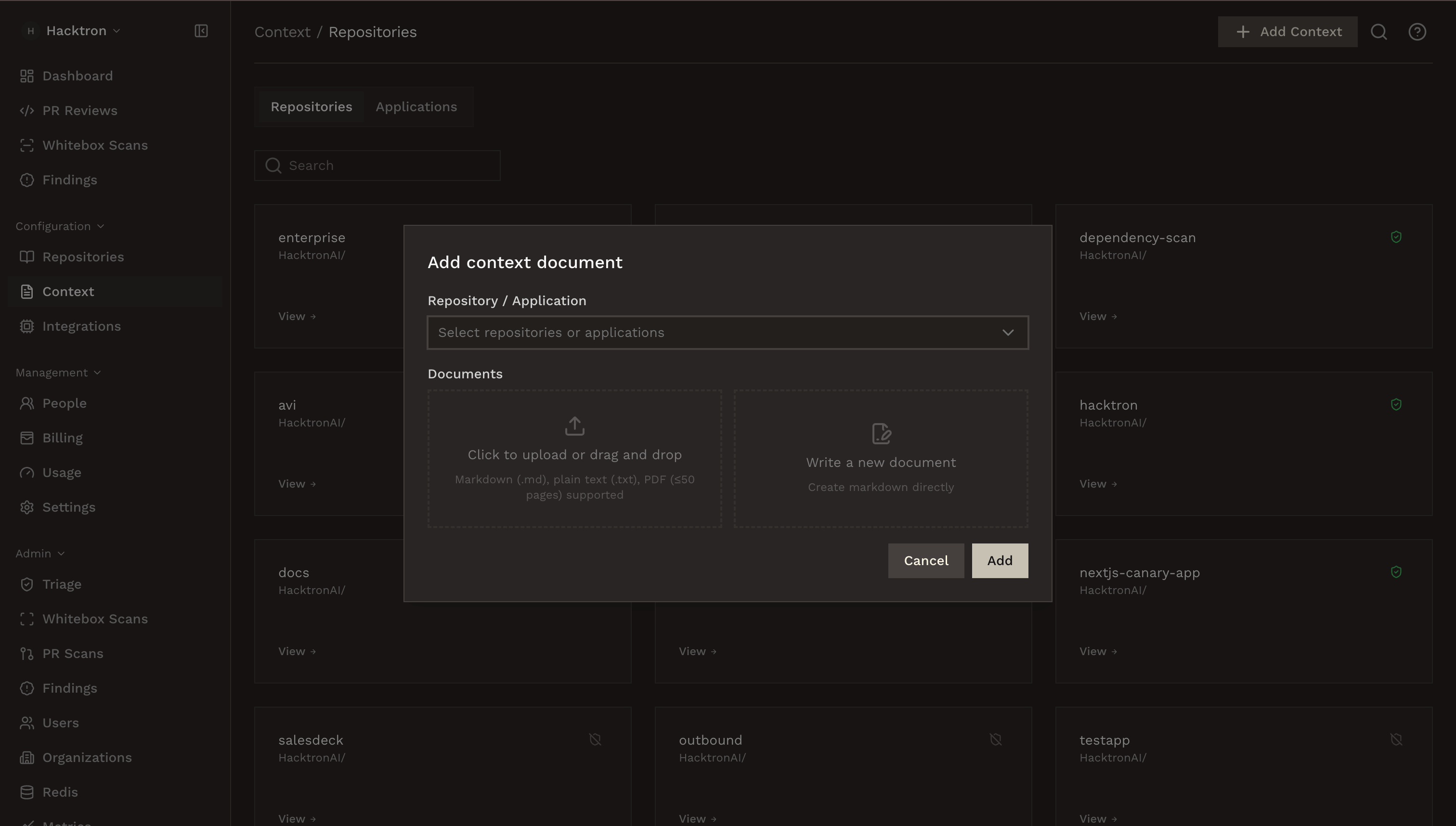The Add context document dialog