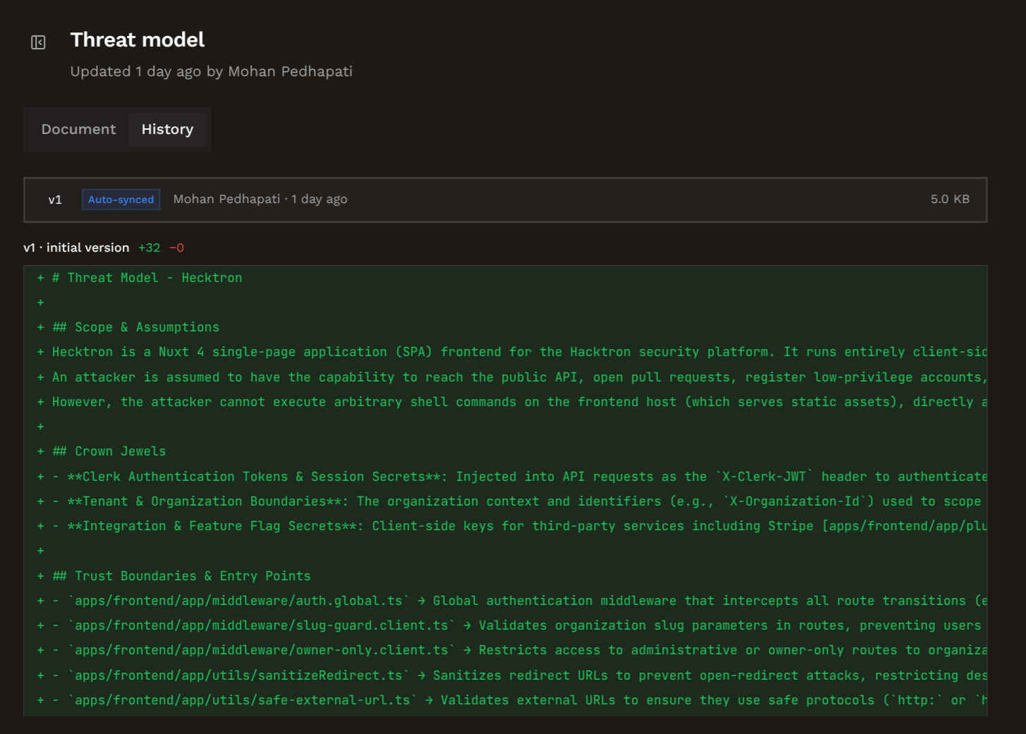 Application threat model history