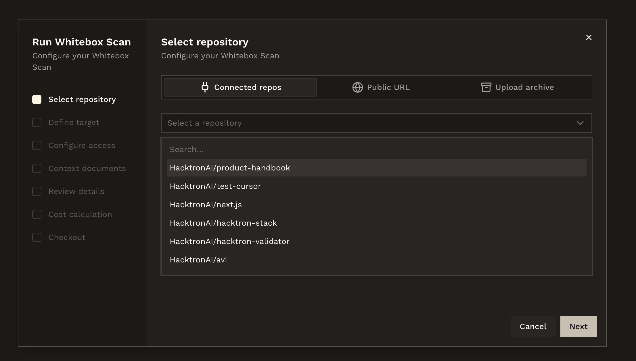 Select the primary repository and branch for the scan