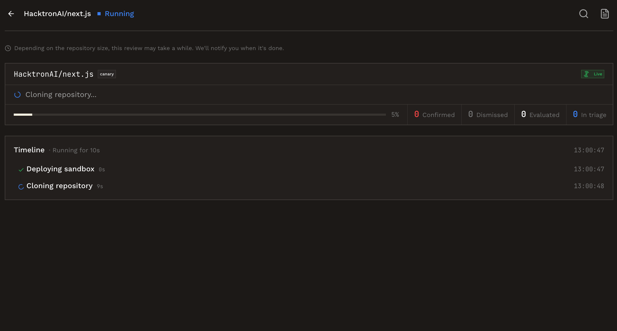Track scan progress and review findings in the dashboard