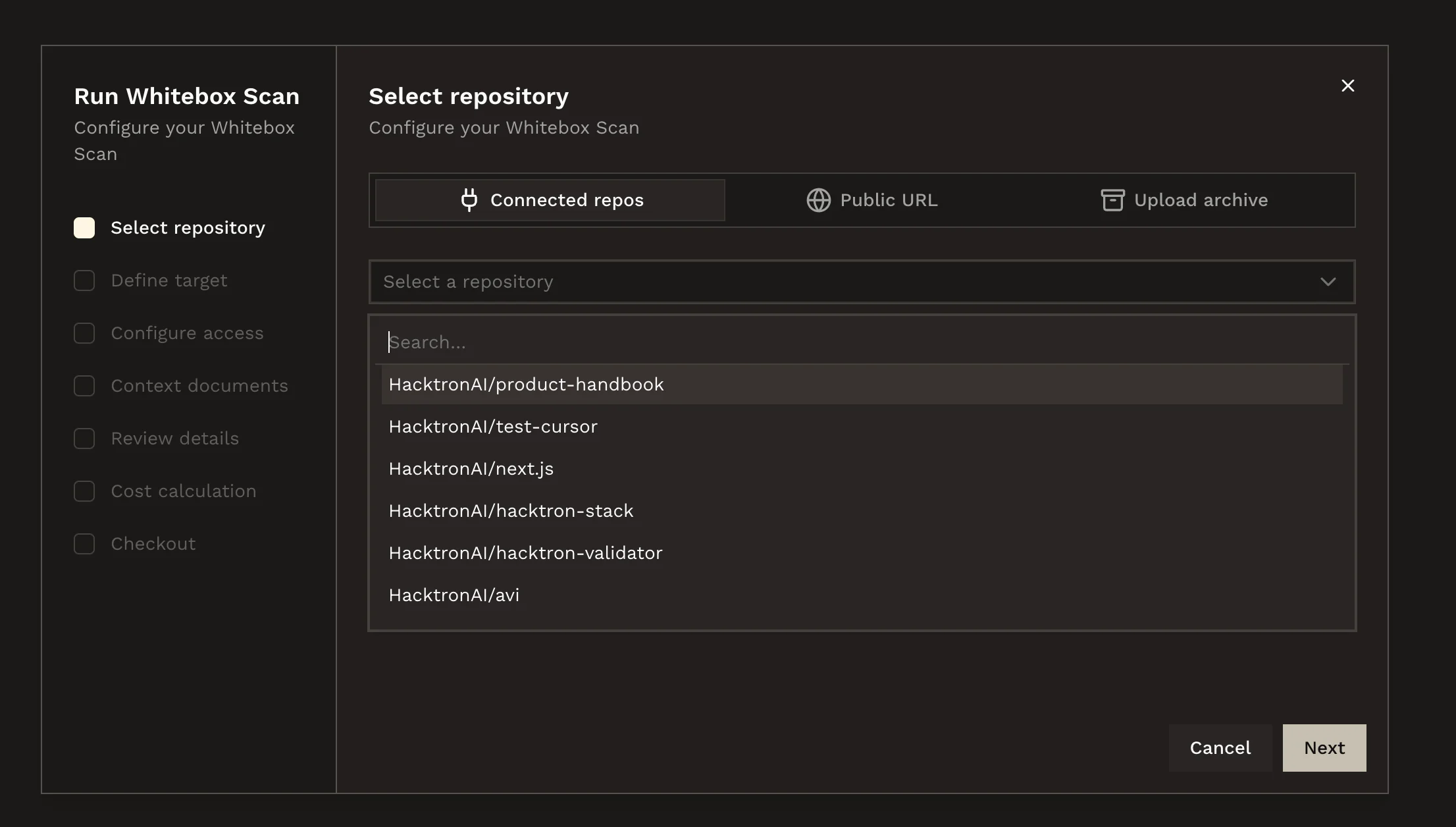 Select the primary repository and branch for the scan